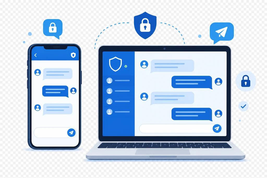 Minh hoạ Telegram trên điện thoại và laptop cùng biểu tượng bảo mật