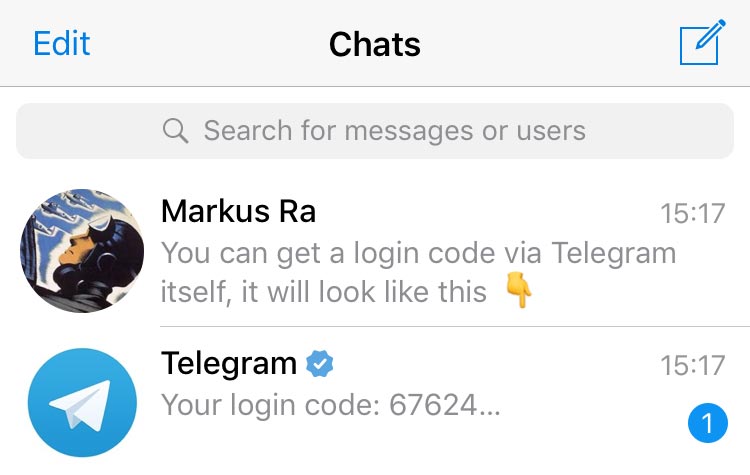 Ví dụ mã đăng nhập Telegram gửi trong ứng dụng để bảo mật cao